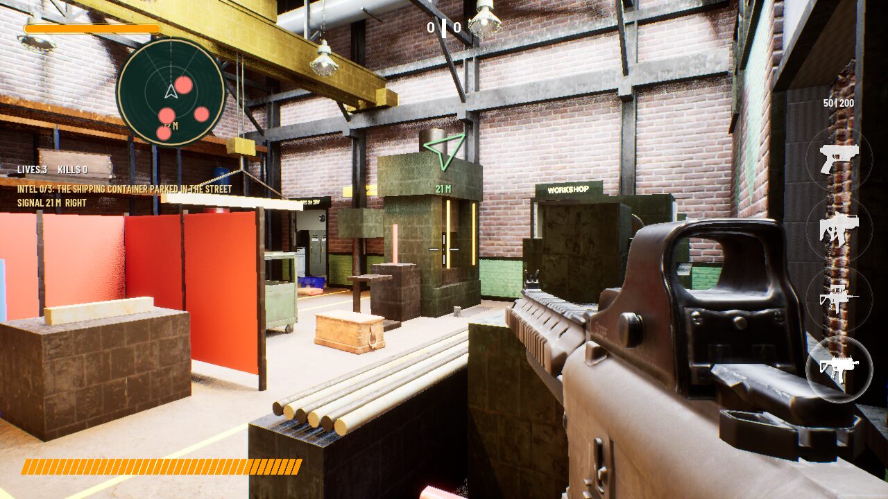 First-person view down a brick factory hall with a yellow overhead crane, red partition screens and stacked crates, rifle with holographic sight in hand.